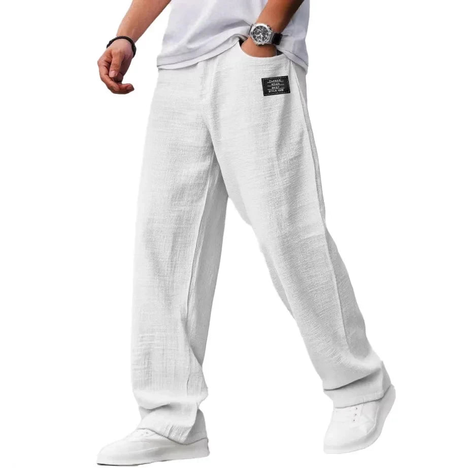 Pantaloni casual bărbați din amestec bumbac și in