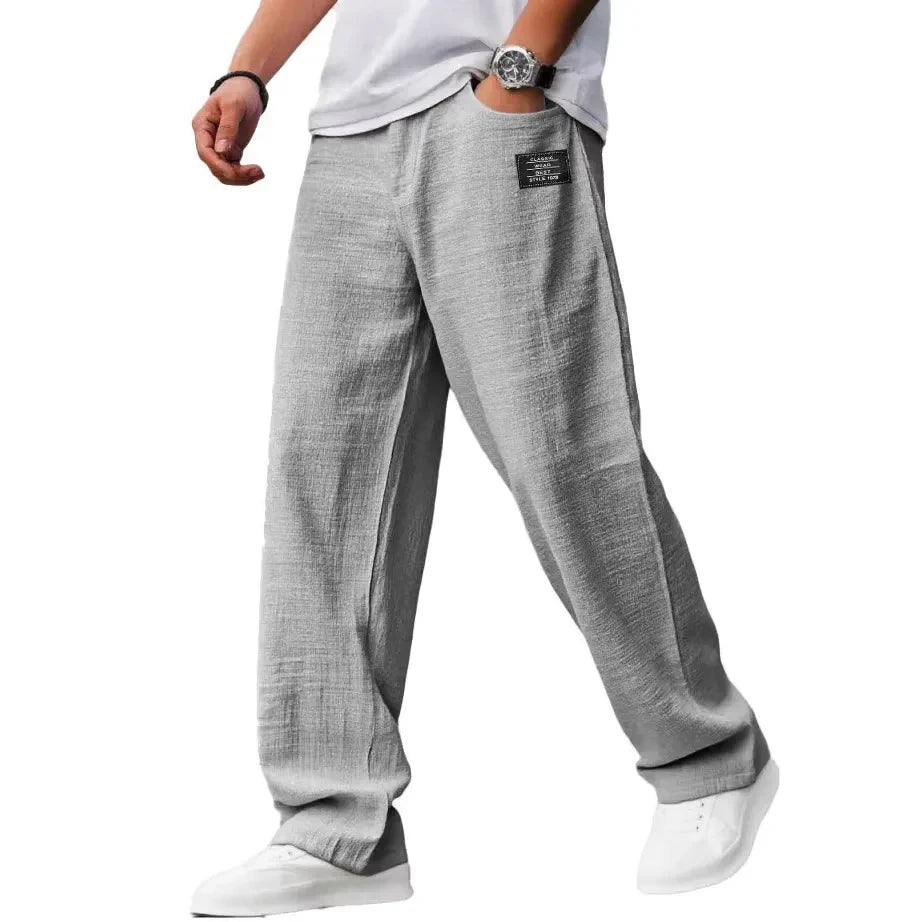 Pantaloni casual bărbați din amestec bumbac și in