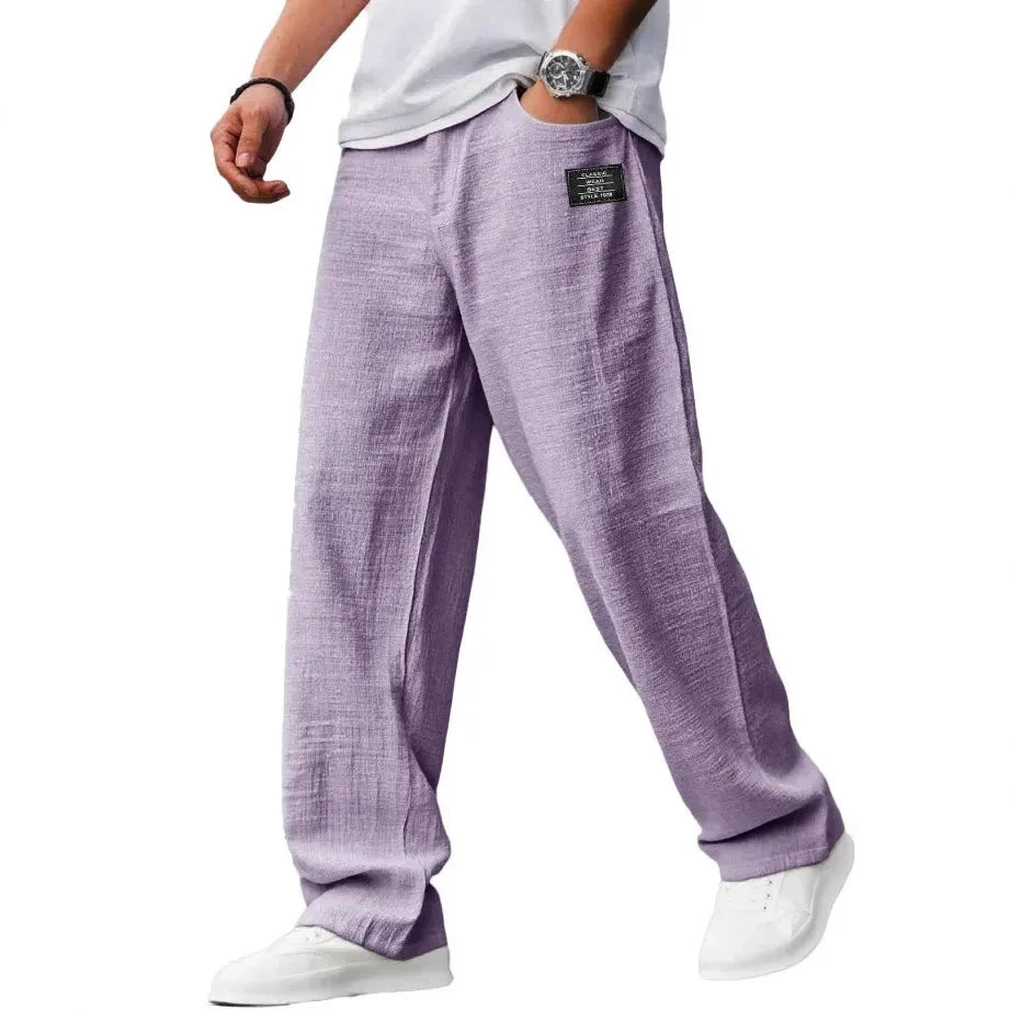 Pantaloni casual bărbați din amestec bumbac și in