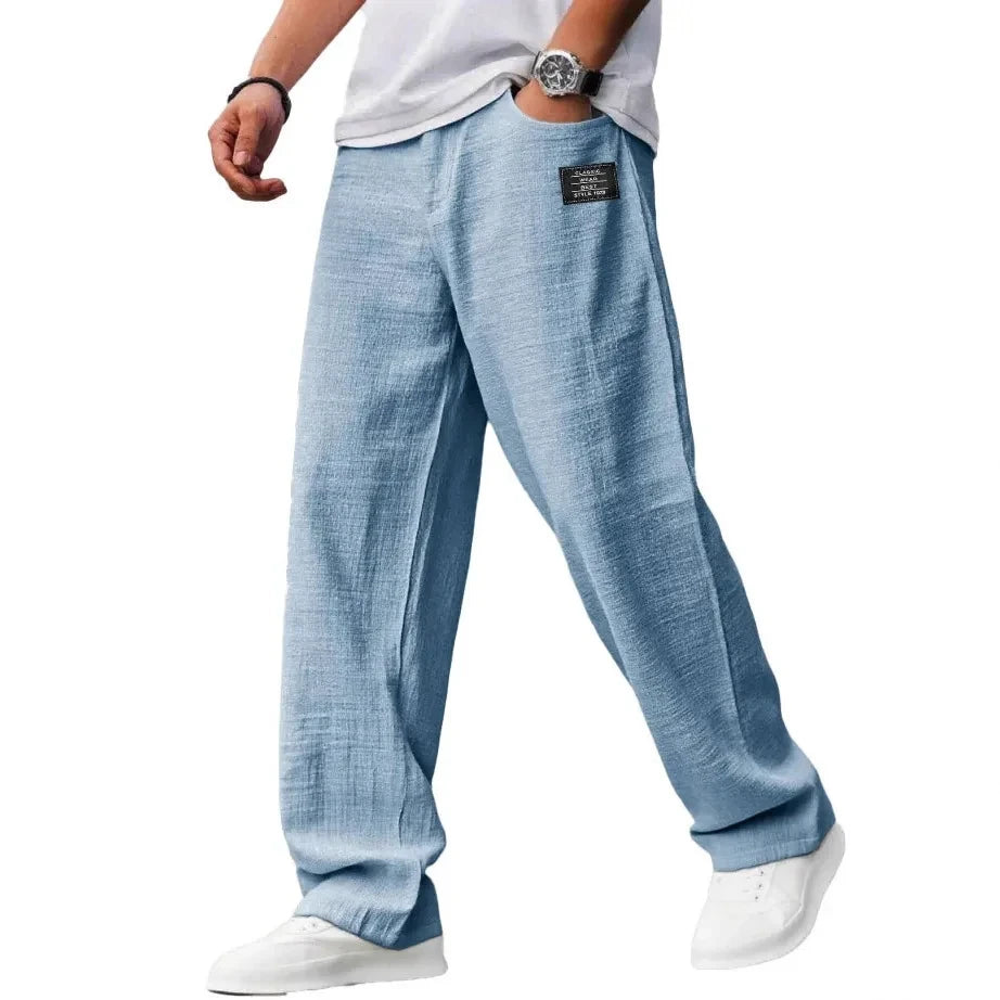 Pantaloni casual bărbați din amestec bumbac și in