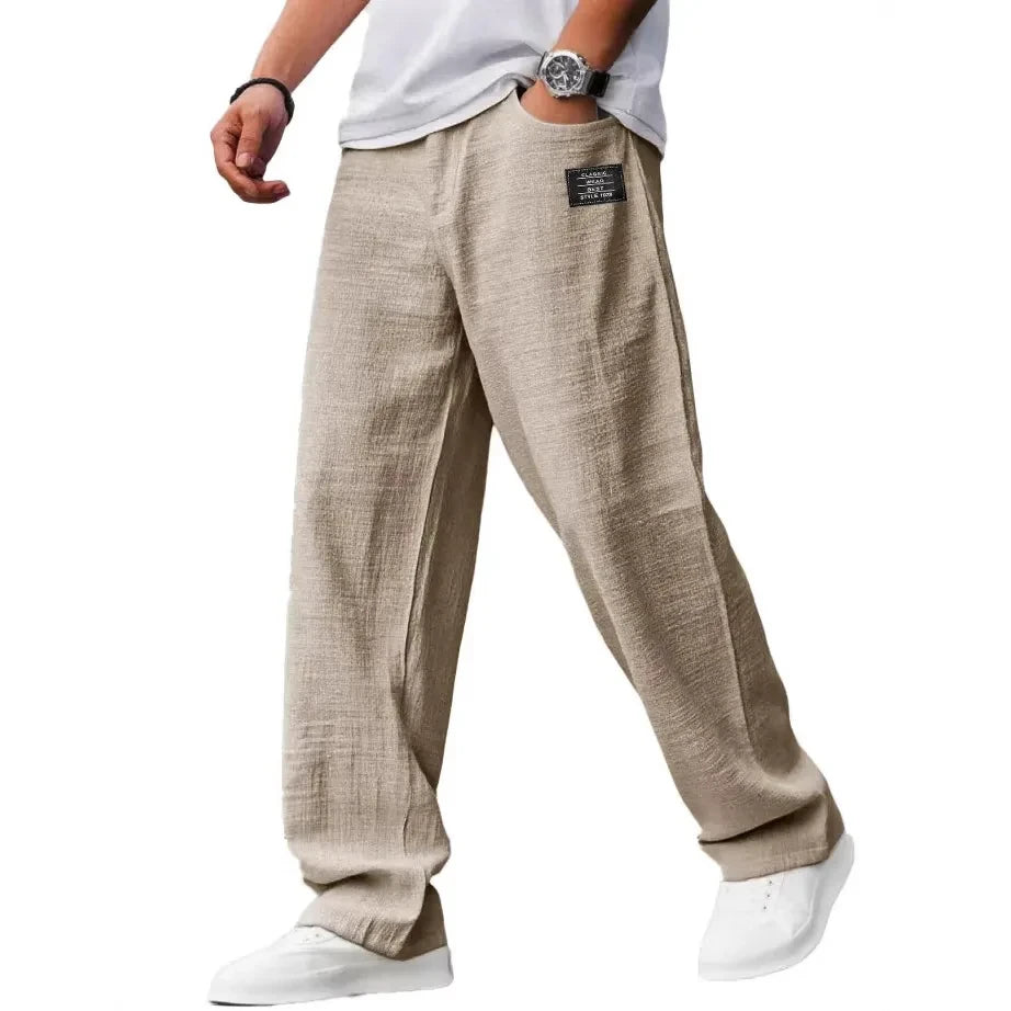 Pantaloni casual bărbați din amestec bumbac și in