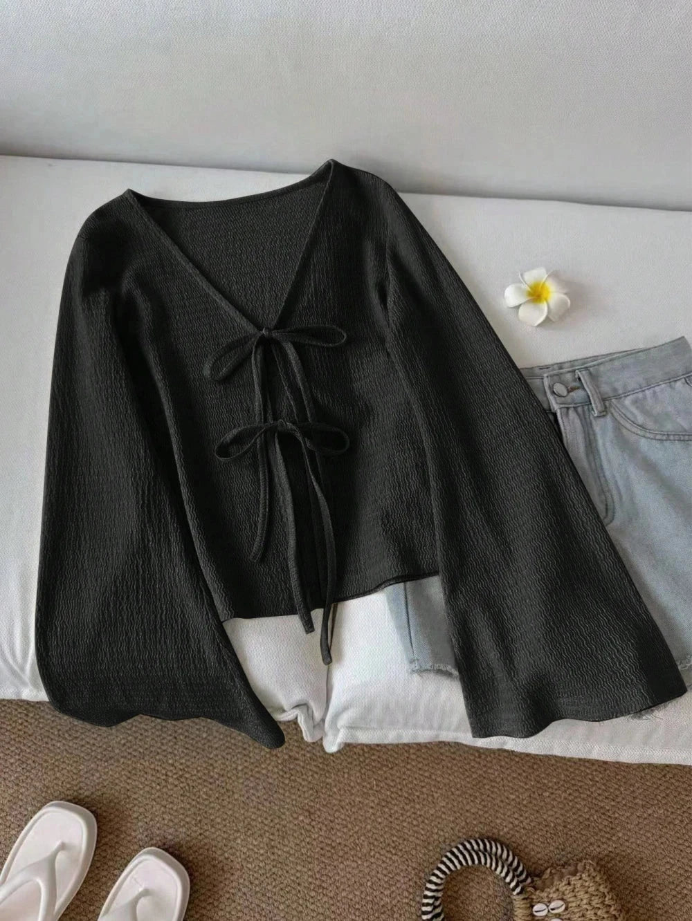 Blusa Texturata con Maniche Svasate