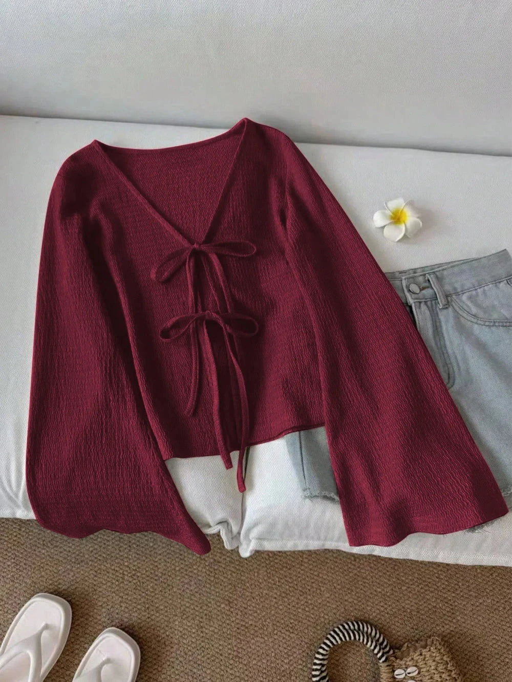 Blusa Texturata con Maniche Svasate