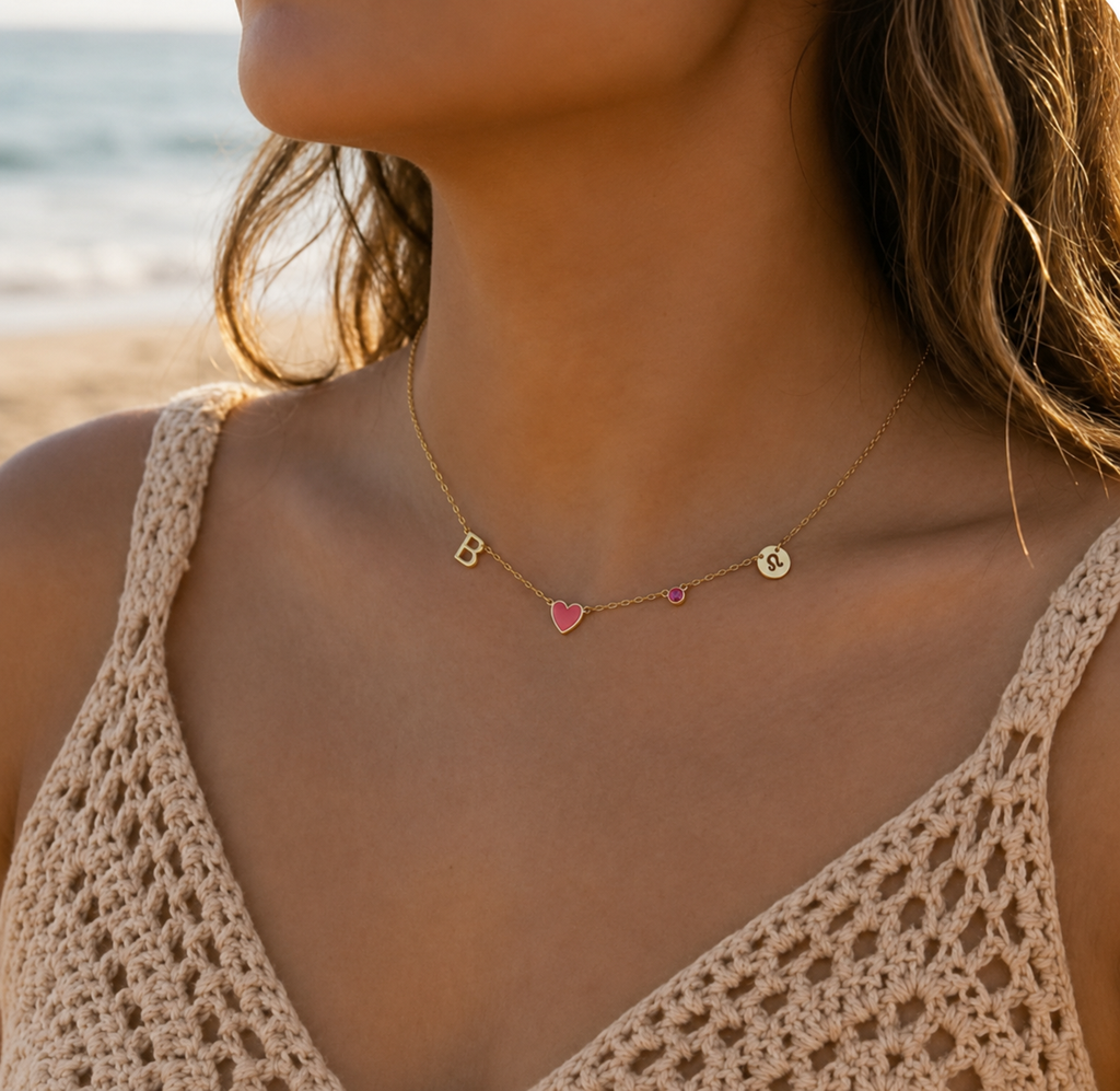 Collana personalizzata con cuore e iniziali, pietra natale e segno zodiacale