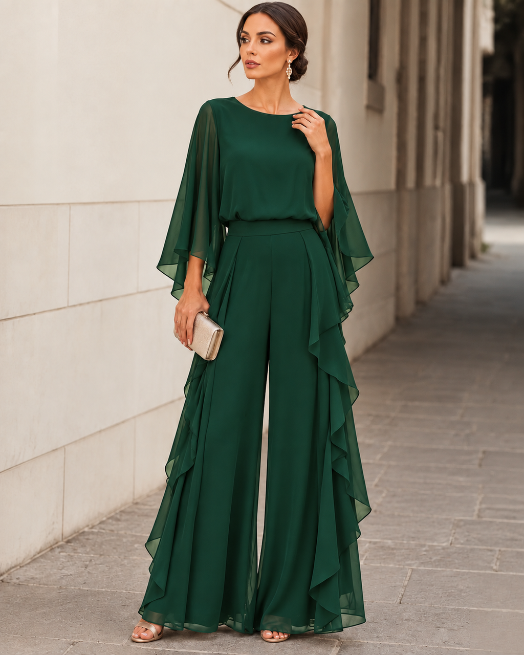 Lenorah | Cape-Sleeve Top and Ruffled Wide Leg Pants Two-Piece Set