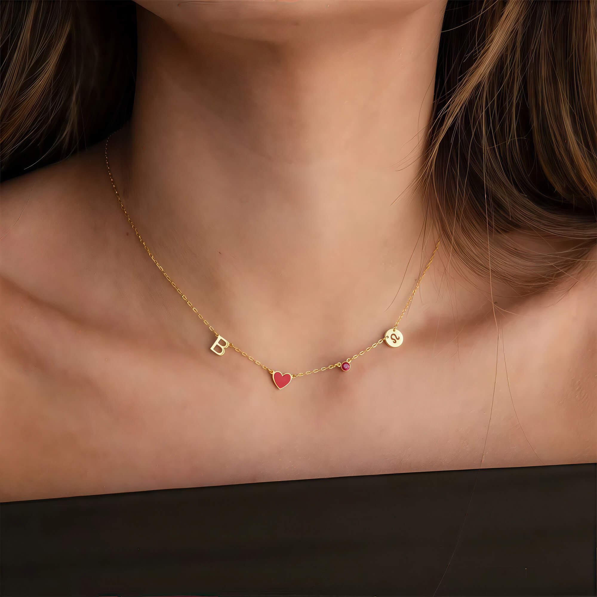 Collana personalizzata con cuore e iniziali, pietra natale e segno zodiacale