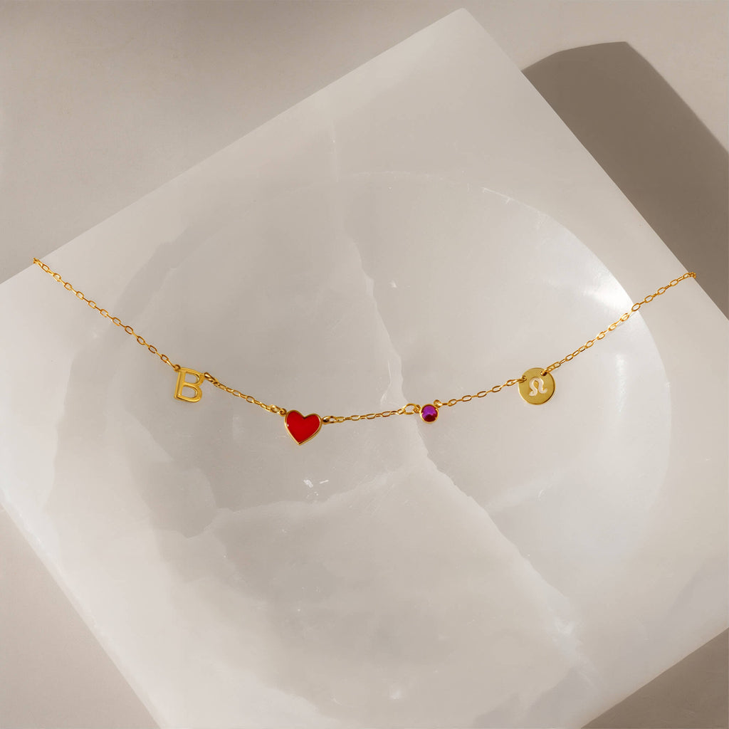 Collana personalizzata con cuore e iniziali, pietra natale e segno zodiacale