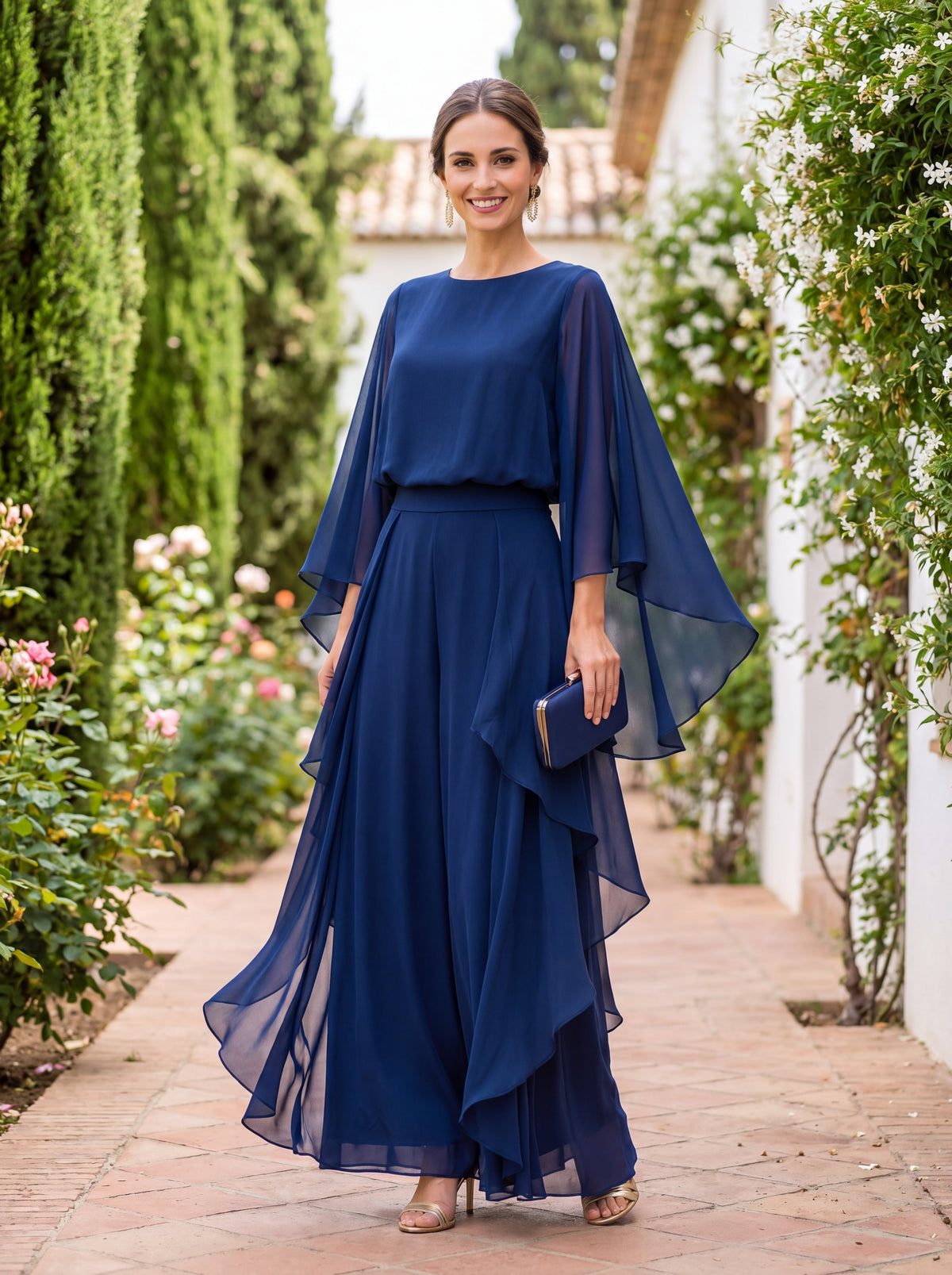 Lenorah | Cape-Sleeve Top and Ruffled Wide Leg Pants Two-Piece Set