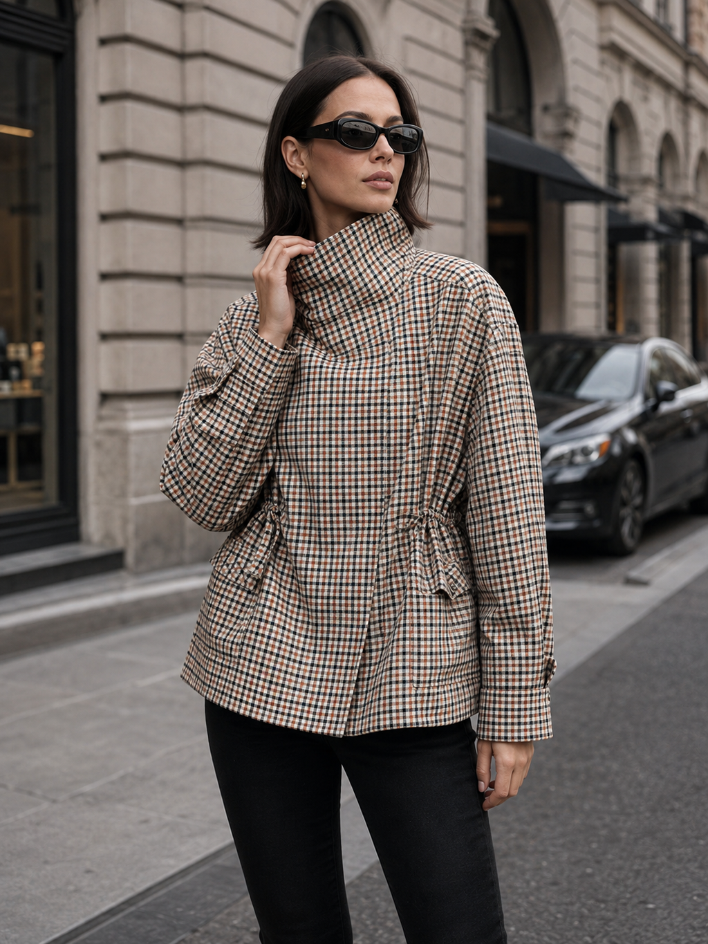 Giacca Oversize a Quadri con Colletto Ampio