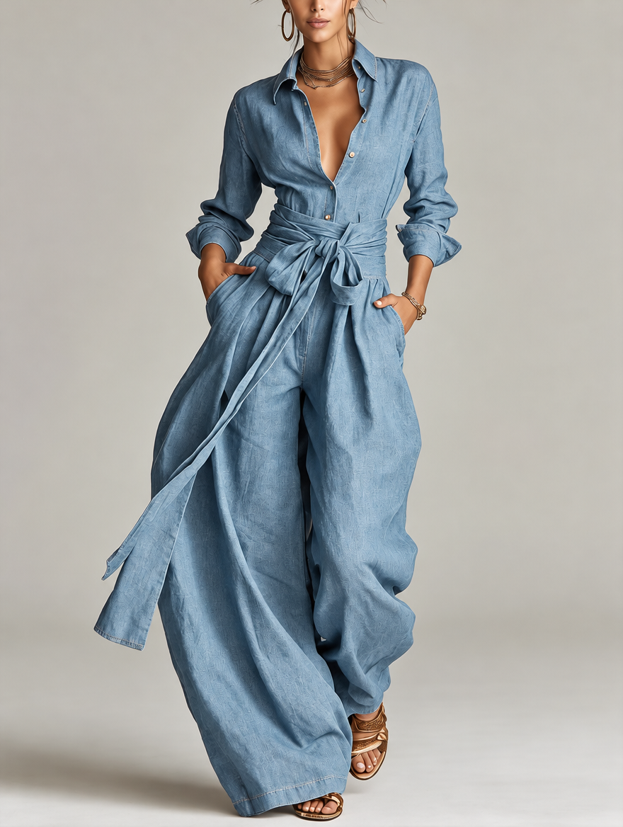 Betty | Tie-Waist Shirt and Wide-Leg Pants Two-Piece Set for Women