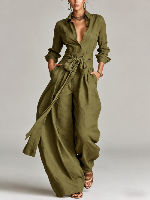 Betty | Tie-Waist Shirt and Wide-Leg Pants Two-Piece Set for Women