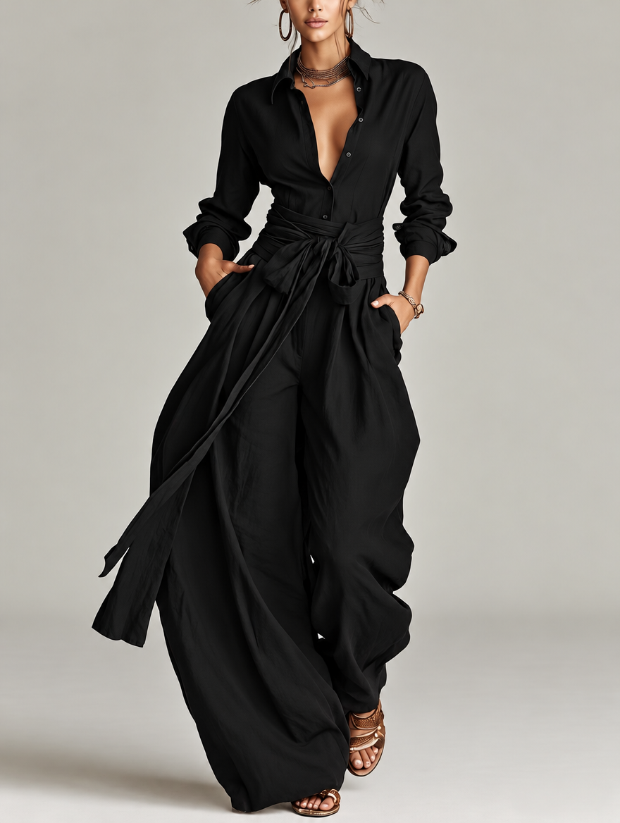 Betty | Tie-Waist Shirt and Wide-Leg Pants Two-Piece Set for Women